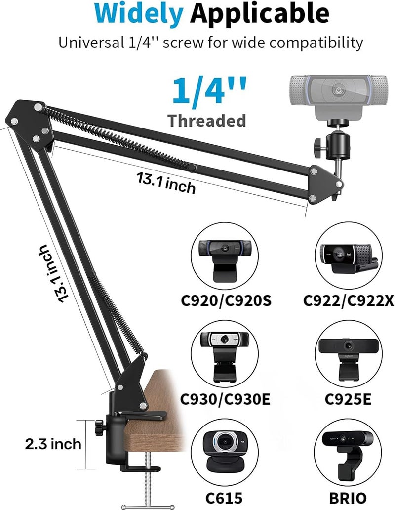 Etour Webcam Stand, Boom Arm Camera Mount Stand for Logitech Webcam BRIO 4K C920 C920S C922 C922x C925e C930 NexiGo N60, 1/4"-3/8" and 3/8"-5/8" Screw for Blue Yeti Snowball Yeti Nano and Other Mics - Image 2